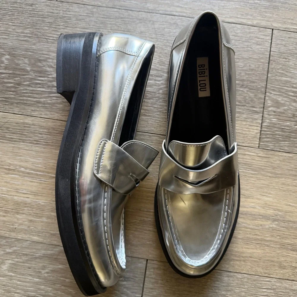 Bibi Lou Metallic Silver Penny Loafers Size 9 Dark Academia Preppy Funky Sleek